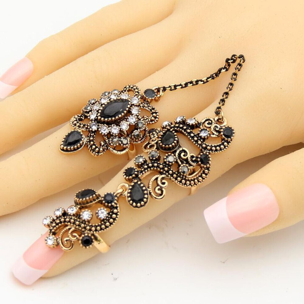(black) Turkish Double Finger Rings For Women Flower Ethnic Jewelry