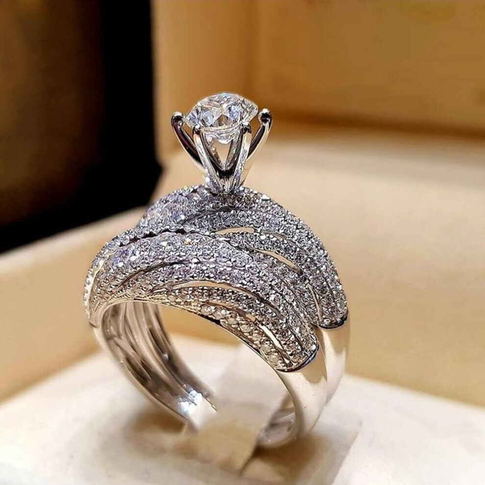 (silver, 10) Trendy Crystal Ring Set Wedding Rings Women Geometric Luxury White Bridal Rings Jewelry Ladies Party Gifts