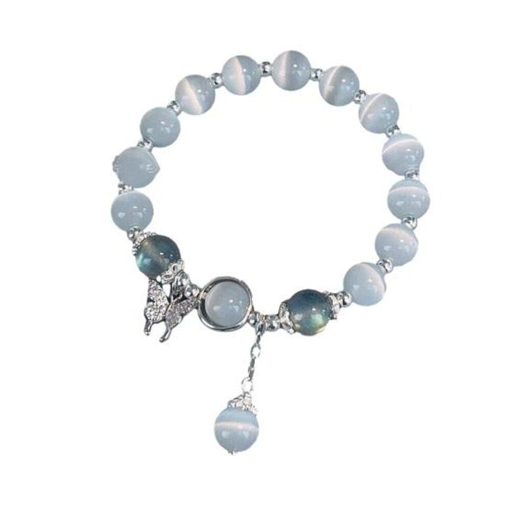 Maxpower (Silver) Women Bracelet Imitation Opal Butterfly Pendant Smooth Elastic Band Regular Fit Lady Birthday Gift Exquisite Lightweight Wrist Bracelet Jewel Silver