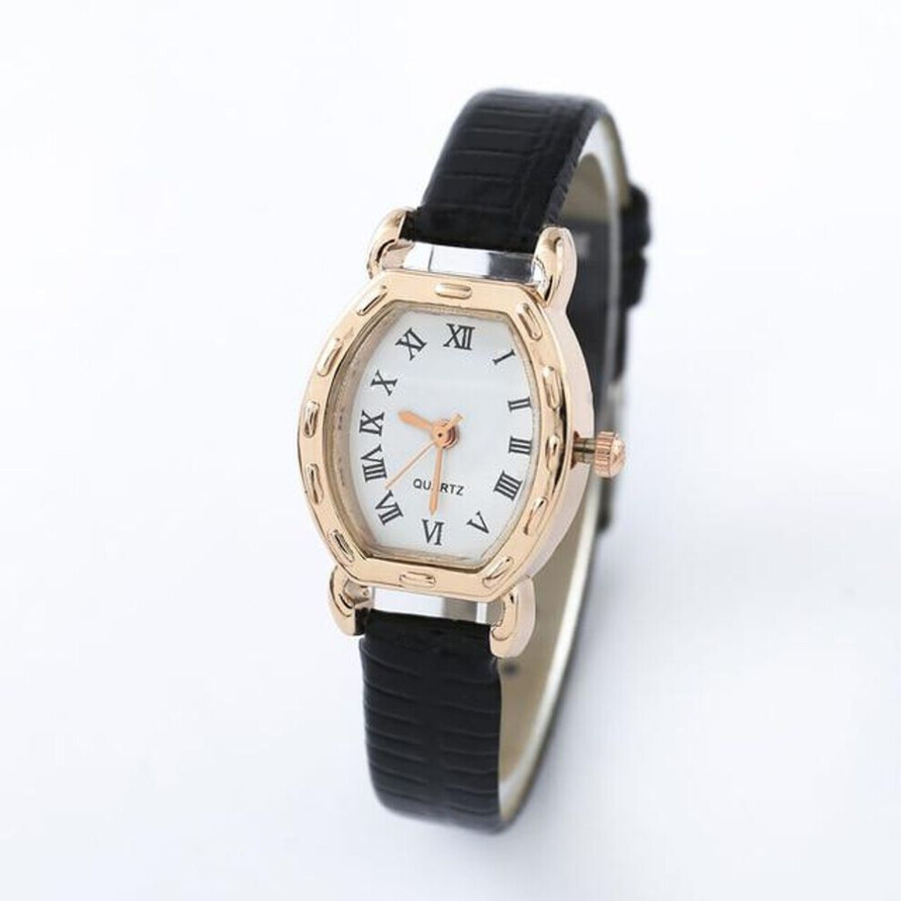 (black) Vintage Simple Women Quartz Watches Clock Retro Fashion Solid Color Faux Leather Thin Band Belt Strap Wrist Watch