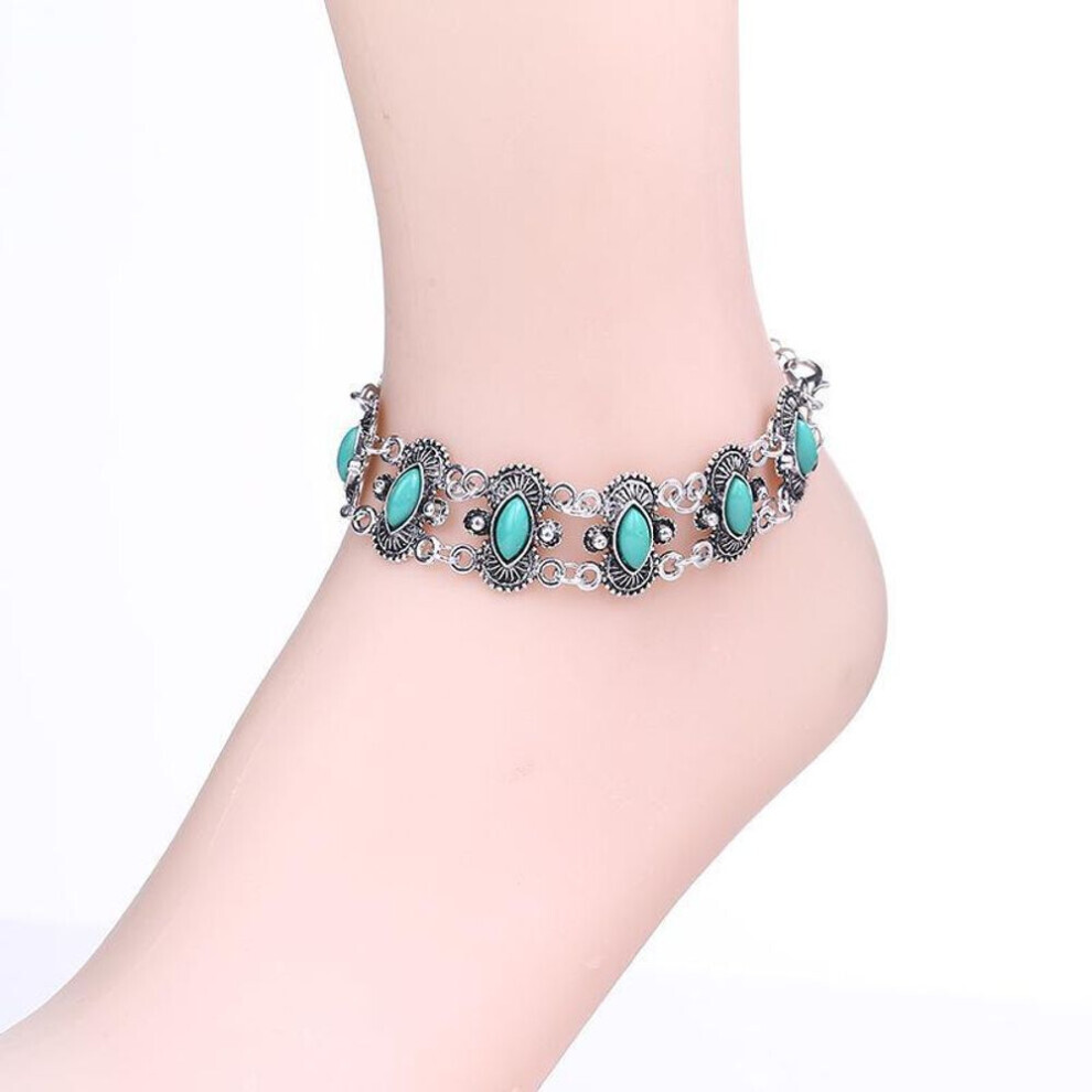 Maxpower (As The Picture) Bohemian Turquoise Tibetan Silver Bracelet & Anklet - Ethnic Retro Style Green,Silver