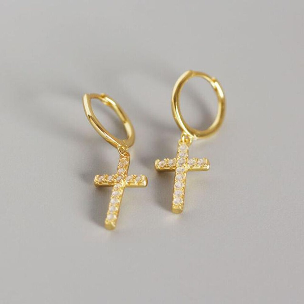 Maxpower (Gold) Anenjery Zircon Cross Pendant Hoop Earrings For Women Temperament Cool Hip Hop Jewelry Gold