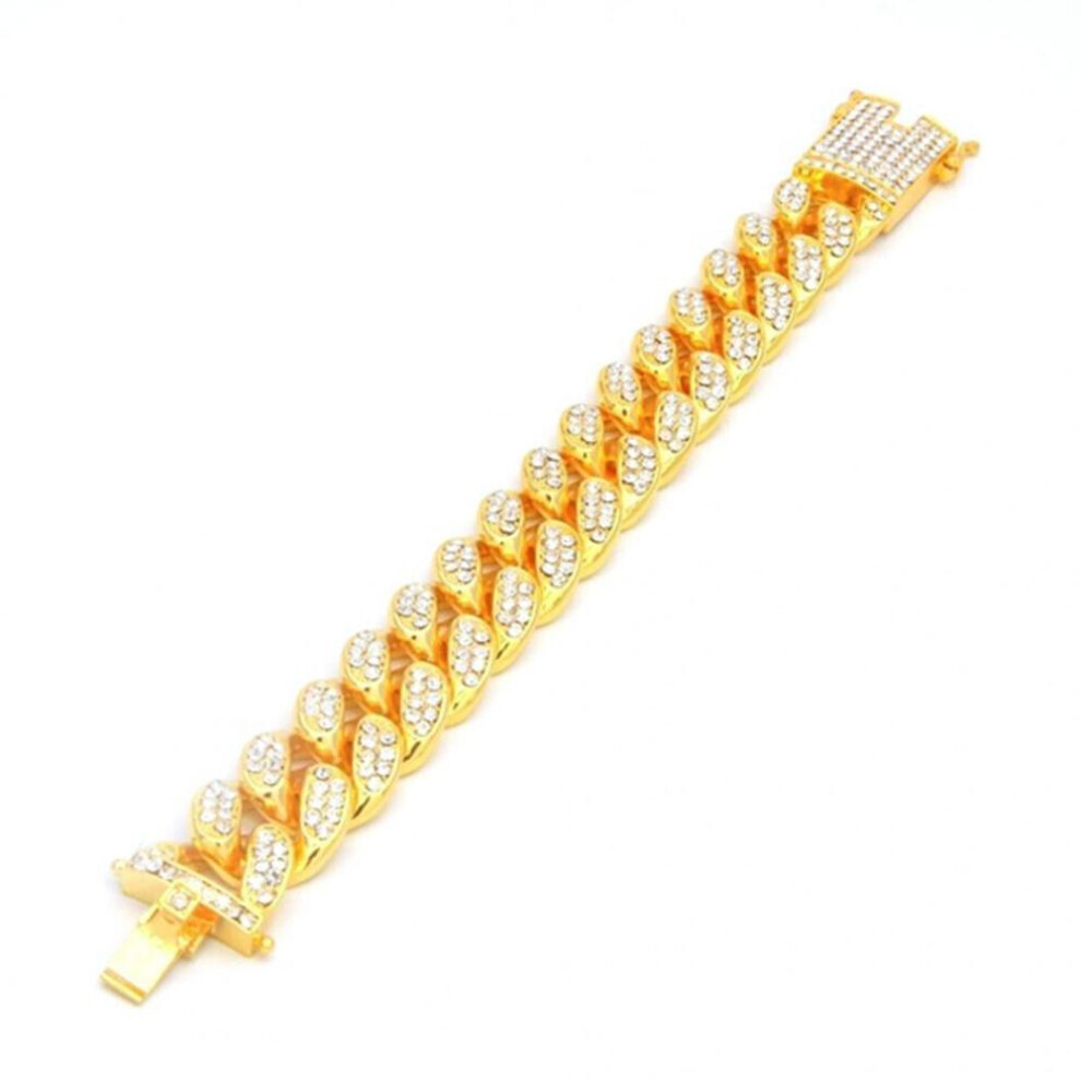 (golden) Hip Hop Men Cuban Link Chain Bracelet Shiny Rhinestone Inlaid Bangle Jewelry