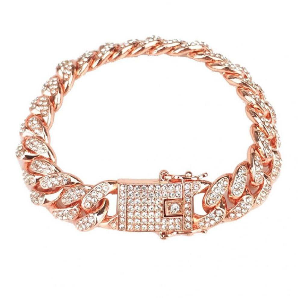 Maxpower (Rose ) Hip Hop Men Cuban Link Chain Bracelet Shiny Rhinestone Inlaid Bangle Jewelry Gold