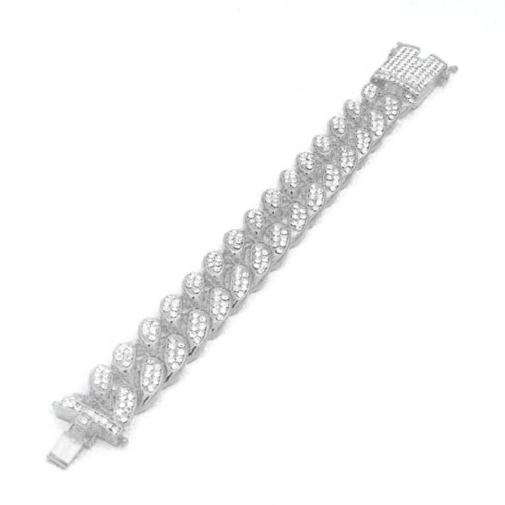 (silver) Hip Hop Men Cuban Link Chain Bracelet Shiny Rhinestone Inlaid Bangle Jewelry