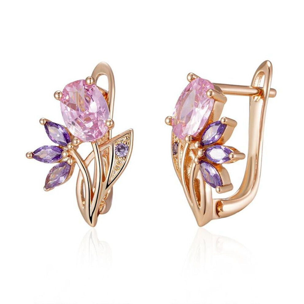 Maxpower (Purple) Kinel Purple Zircon Flower Drop Earrings For Women Trendy Jewelry Rose Gold Color Bride Wedding Earrings Gold,Purple