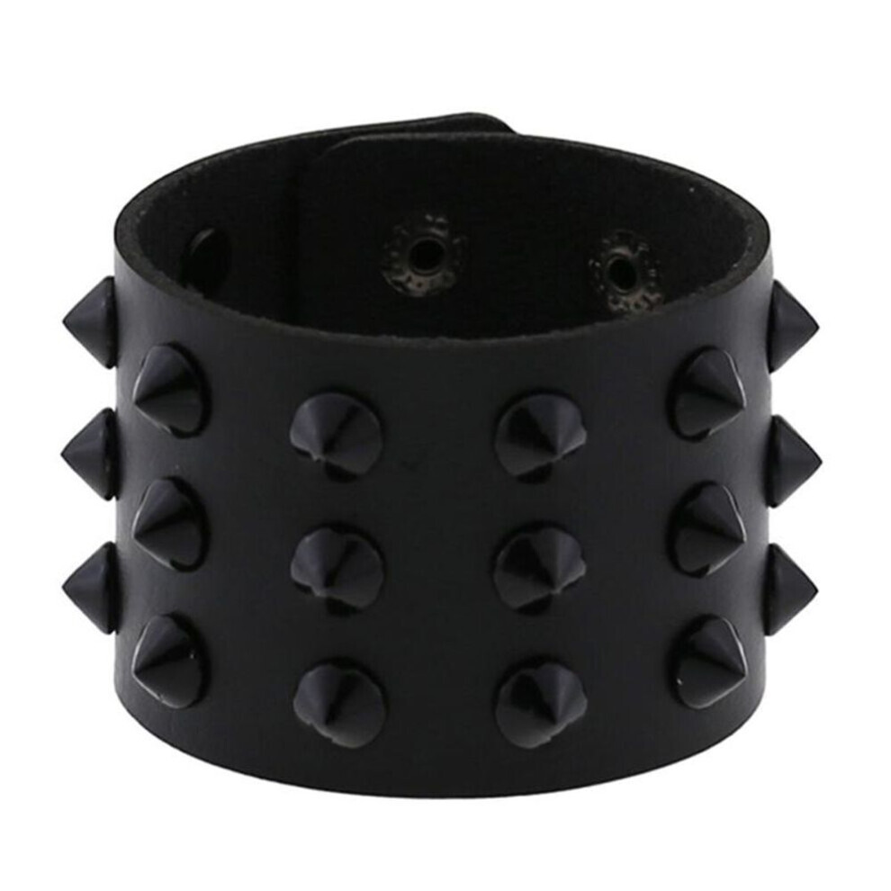 (black) Punk Non-mainstream Exaggerated Tapered Spikes Three-row Leather Wide Bracelet