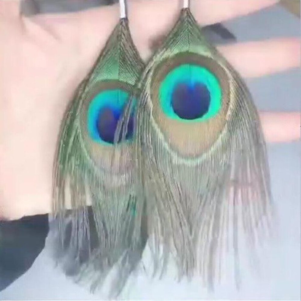 Maxpower (Silver) Bohemian Peacock Feather Earrings Exaggerated Retro Ethnic Handmade Earrings Silver