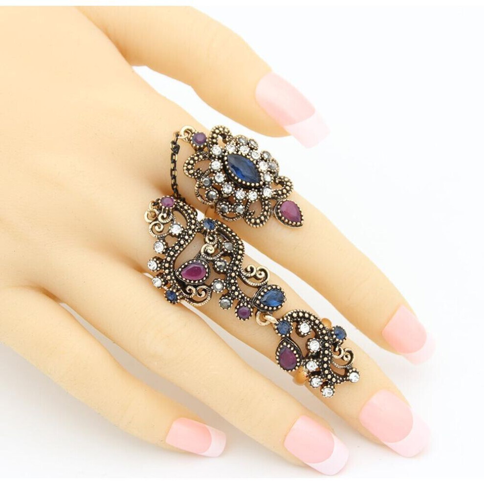 (blue) Turkish Double Finger Rings For Women Flower Ethnic Jewelry