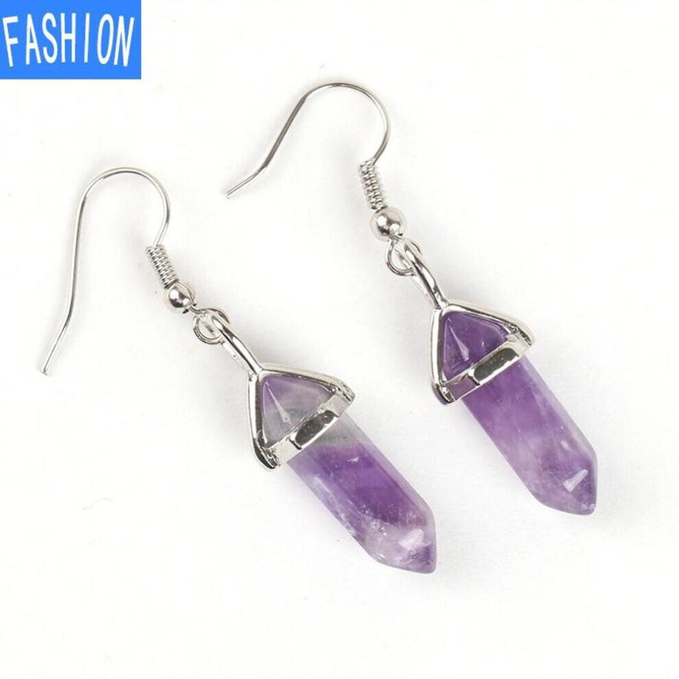 Maxpower (Amethyst) European And American Popular Classic Earrings Natural Crystal Semi Gem Pendant In Hexagonal Prism Bullet Head Earrings Purple
