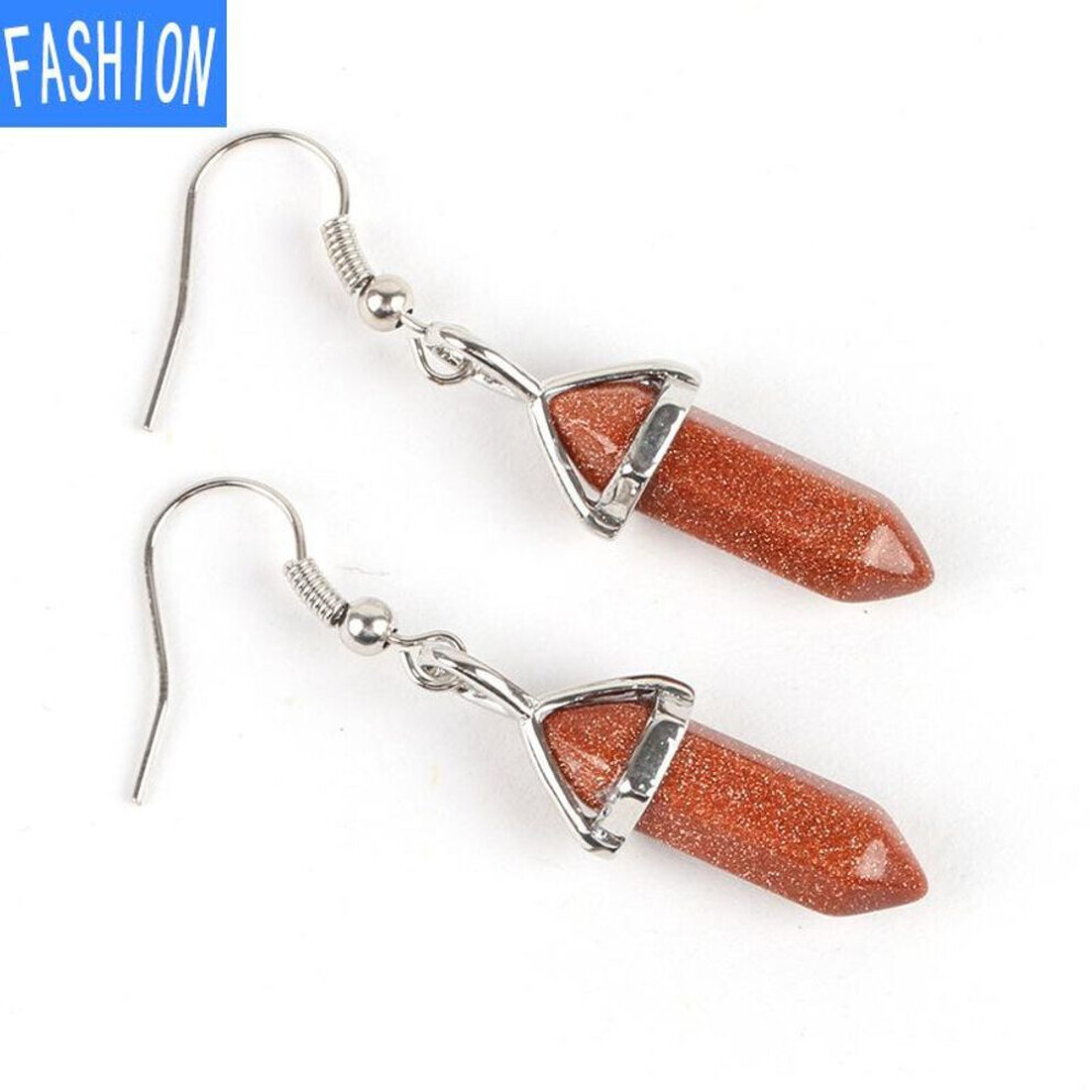 (brownsand) European And American Popular Classic Earrings Natural Crystal Semi Gem Pendant In Hexagonal Prism Bullet Head Earrings
