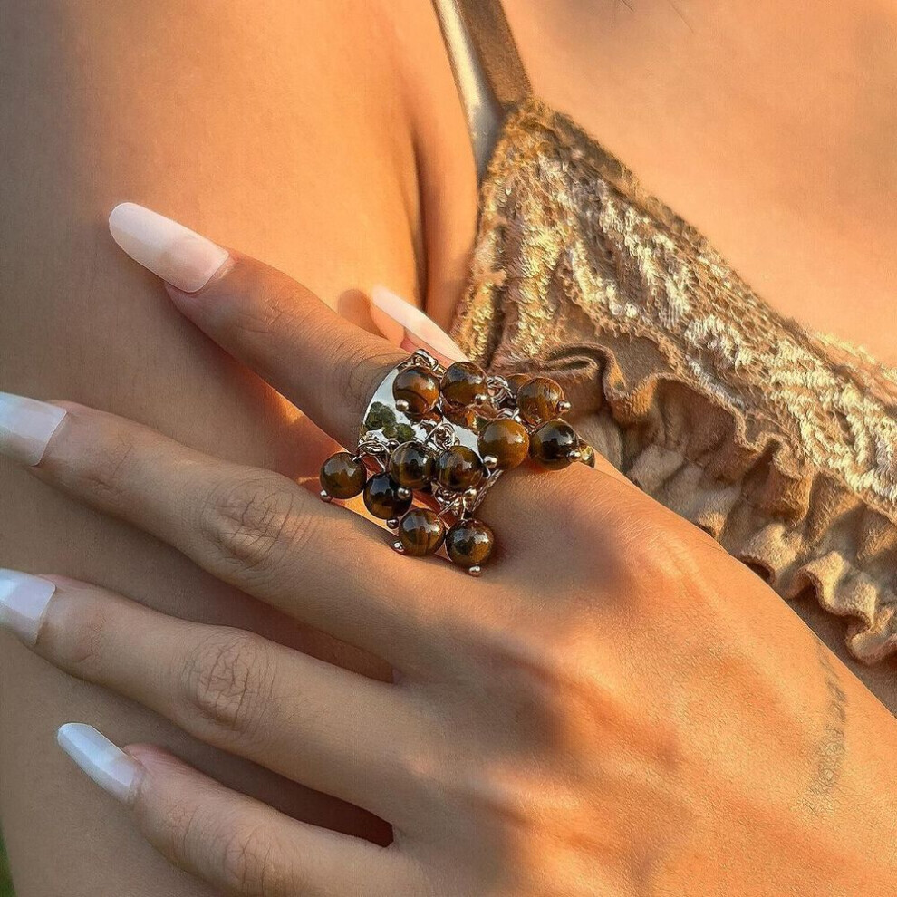 Maxpower (, Ring 0796K3) European And American Retro Palace Malachite Geometric Open Ring Brown