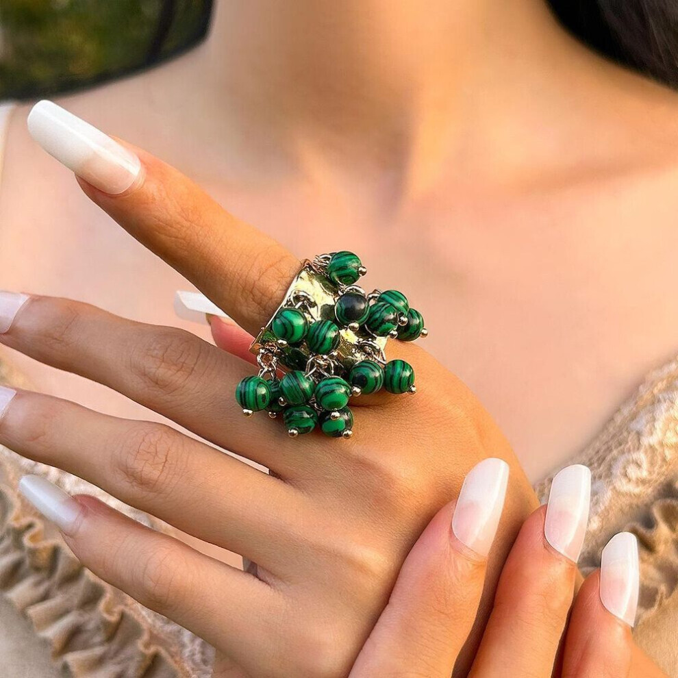 Maxpower (, Ring 0796K5) European And American Retro Palace Malachite Geometric Open Ring Green