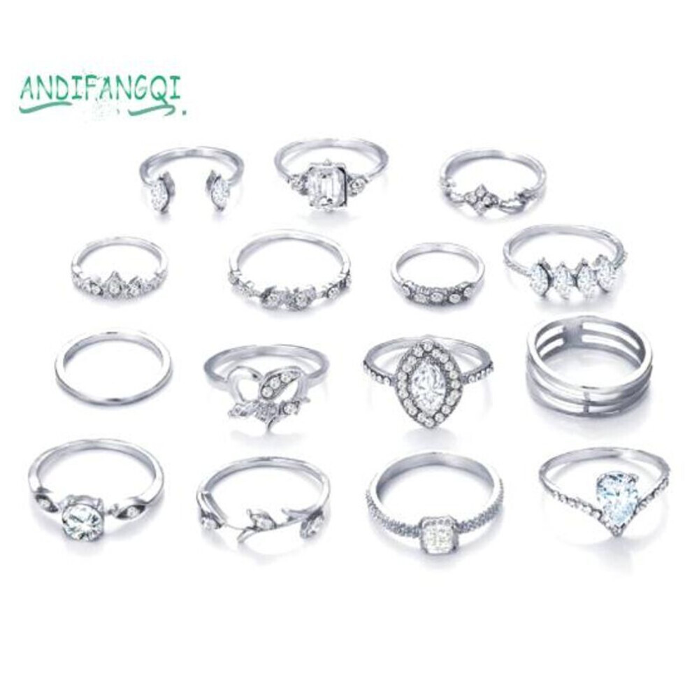 (silver) 15pcs/set Women Bohemian Rhinestone Stackable Finger Rings Gift For Daily Jewelry Bijouterie