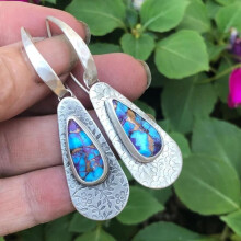 (antique silver) Bohemian Drop Turquoise Hook Earrings Creative Hand Carved Pattern Drop Earrings