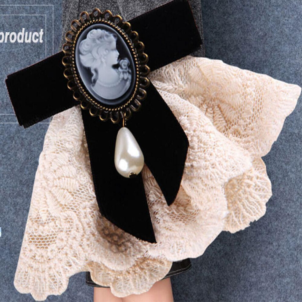 (black) Bowknot  Party Lady Women Vintage Ribbon Cameo Girls Brooch Elegant Lace Brooch Pearl