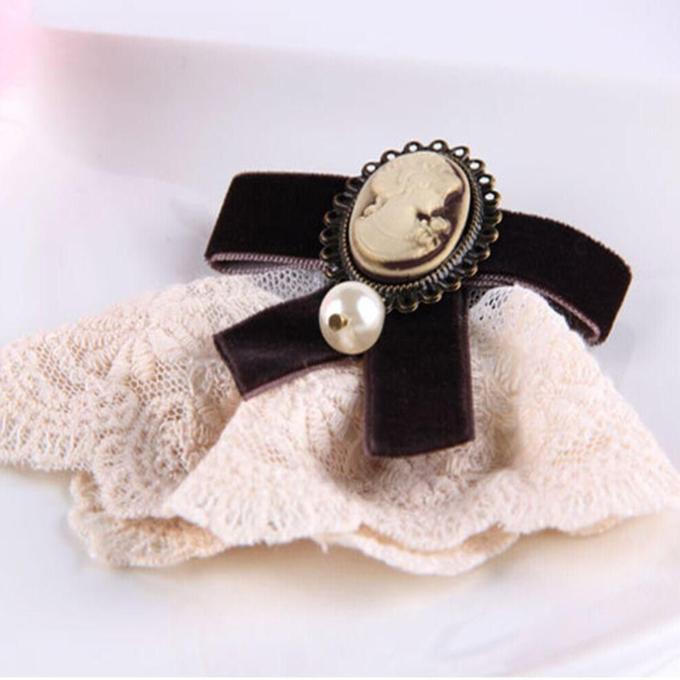 (coffee) Bowknot  Party Lady Women Vintage Ribbon Cameo Girls Brooch Elegant Lace Brooch Pearl