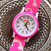 (rose red) New Rainbow Cloud Printed Silicone Band Children Watch Girl Cute Cartoon Quartz Watches Boys Girl Watch