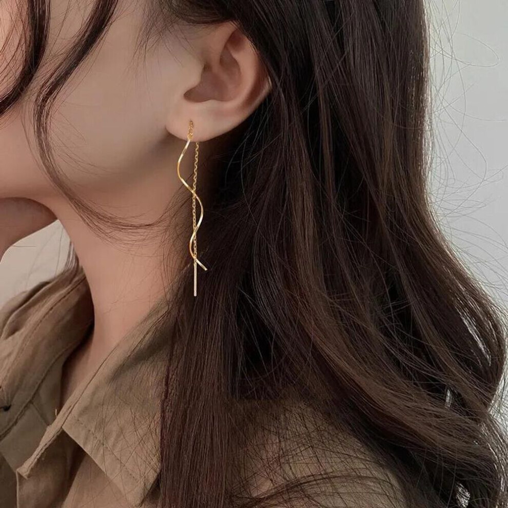 Maxpower (Gold) Women's Fashion Accessories Long Tassel Threader Earrings For Women Wave Shaped Simple Long Chain Earring Wedding Party Jewelry