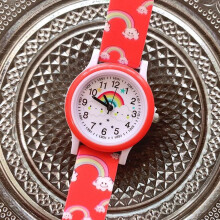 (red) New Rainbow Cloud Printed Silicone Band Children Watch Girl Cute Cartoon Quartz Watches Boys Girl Watch