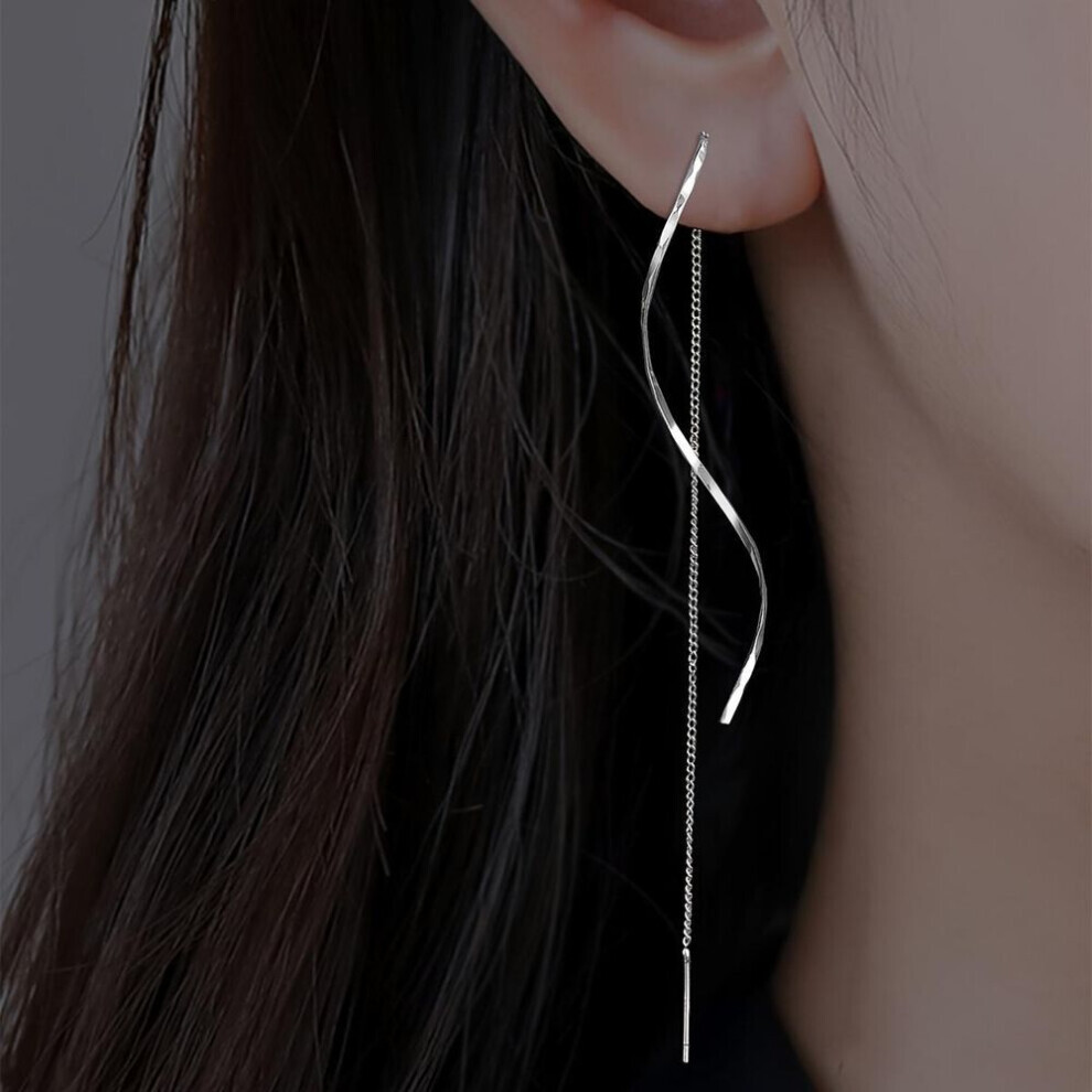 Maxpower (Silver) Women's Fashion Accessories Long Tassel Threader Earrings For Women Wave Shaped Simple Long Chain Earring Wedding Party Jewelry