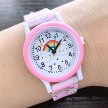 (pink) New Rainbow Cloud Printed Silicone Band Children Watch Girl Cute Cartoon Quartz Watches Boys Girl Watch