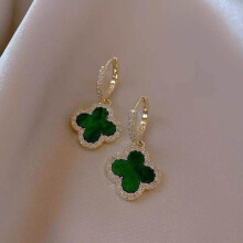 (green) Fashion Luxury Four-leaf Clover Retro Shiny Rhinestone Earrings Net Red Senior Sense Of Ladies Earrings Small Fragrant Wind Ear Buckle