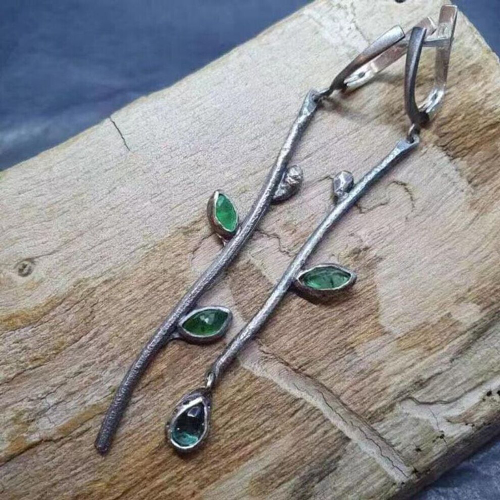 Photos - Earrings MAXPOWER  Popular Plant Branches And Green Leaf  Asymmetric Design Retro Blue-green Crystal Pendant  Female Bl (green)