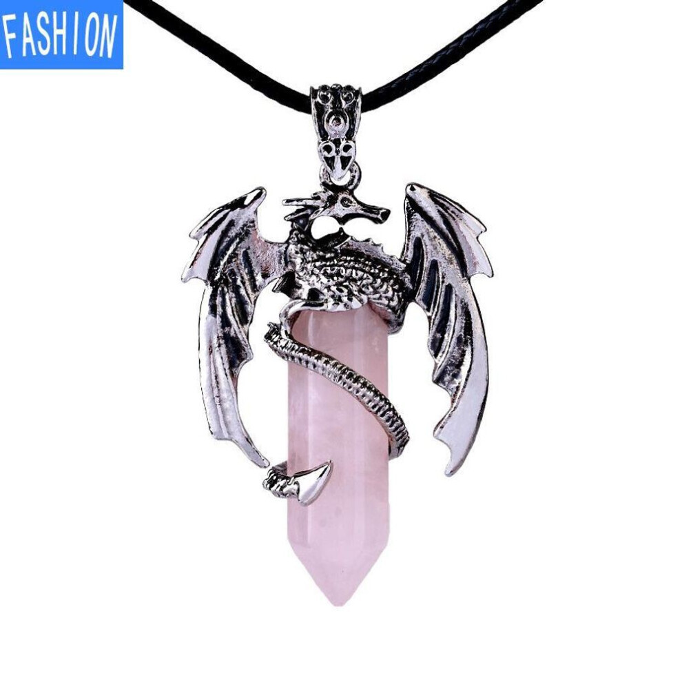 Maxpower (Rose Quartz) Dragon Pendant Necklace For Men Women Cool Healing Crystal Amethyst Necklace Natural Rose Quartz Necklace Western Dragon Jewelry Purple