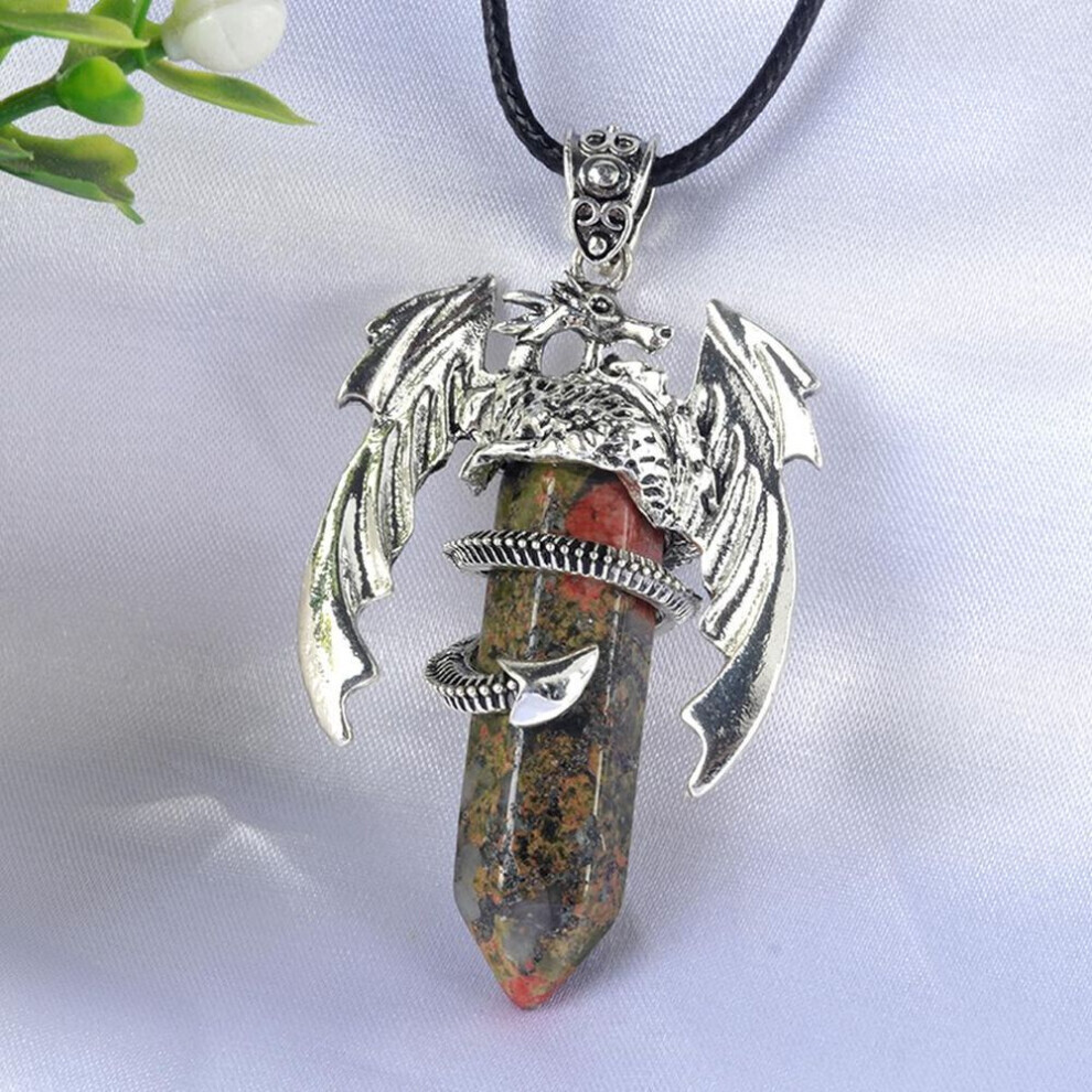 Maxpower (Unakite) Dragon Pendant Necklace For Men Women Cool Healing Crystal Amethyst Necklace Natural Rose Quartz Necklace Western Dragon Jewelry Purple,Not,Specified