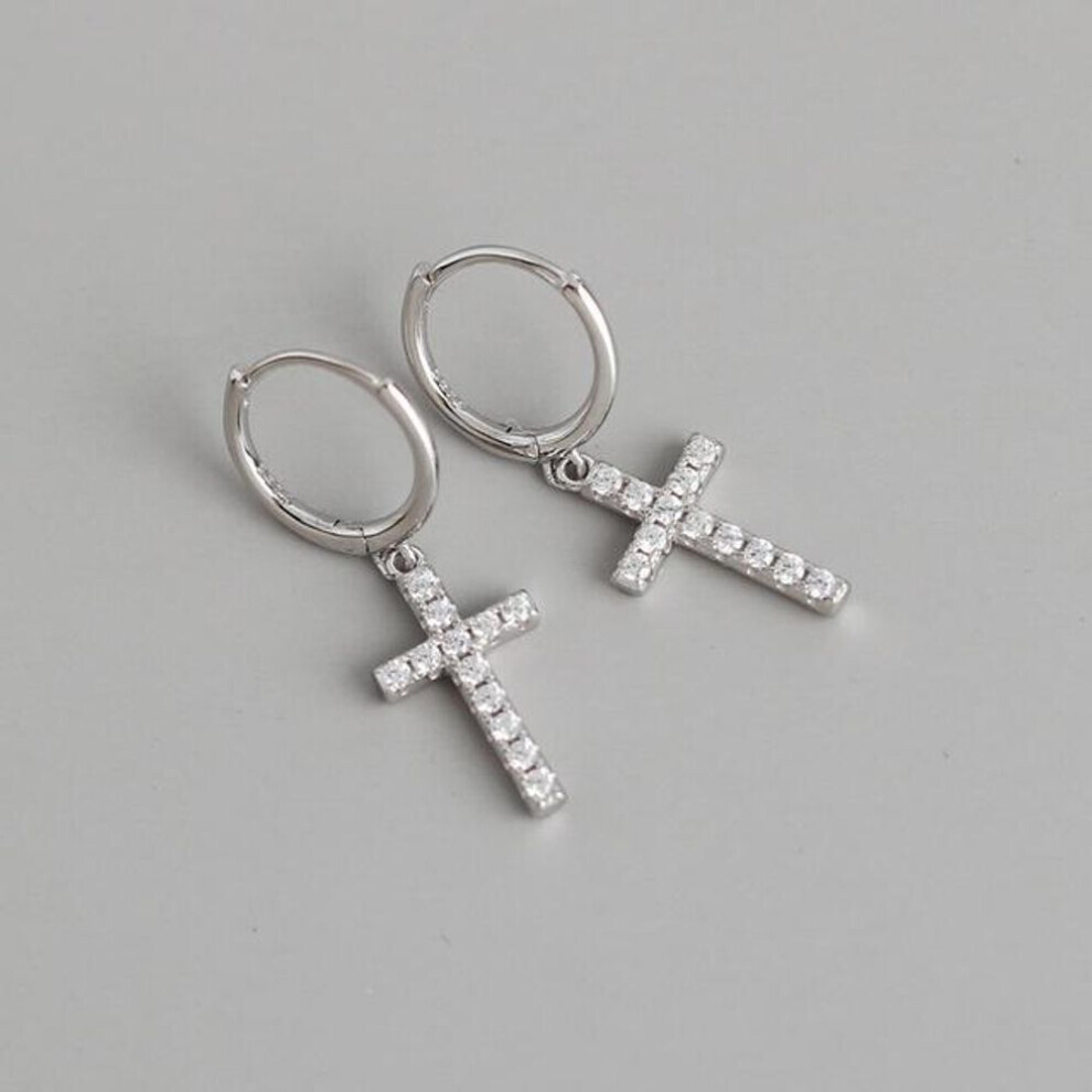 Maxpower (Silver) Anenjery Zircon Cross Pendant Hoop Earrings For Women Temperament Cool Hip Hop Jewelry Silver