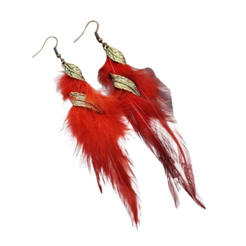 Maxpower (Red) 1 Pair Hook Earrings Retro Leaf Long Tasseled Bohemian Hypoallergenic Elegant Feather Drop