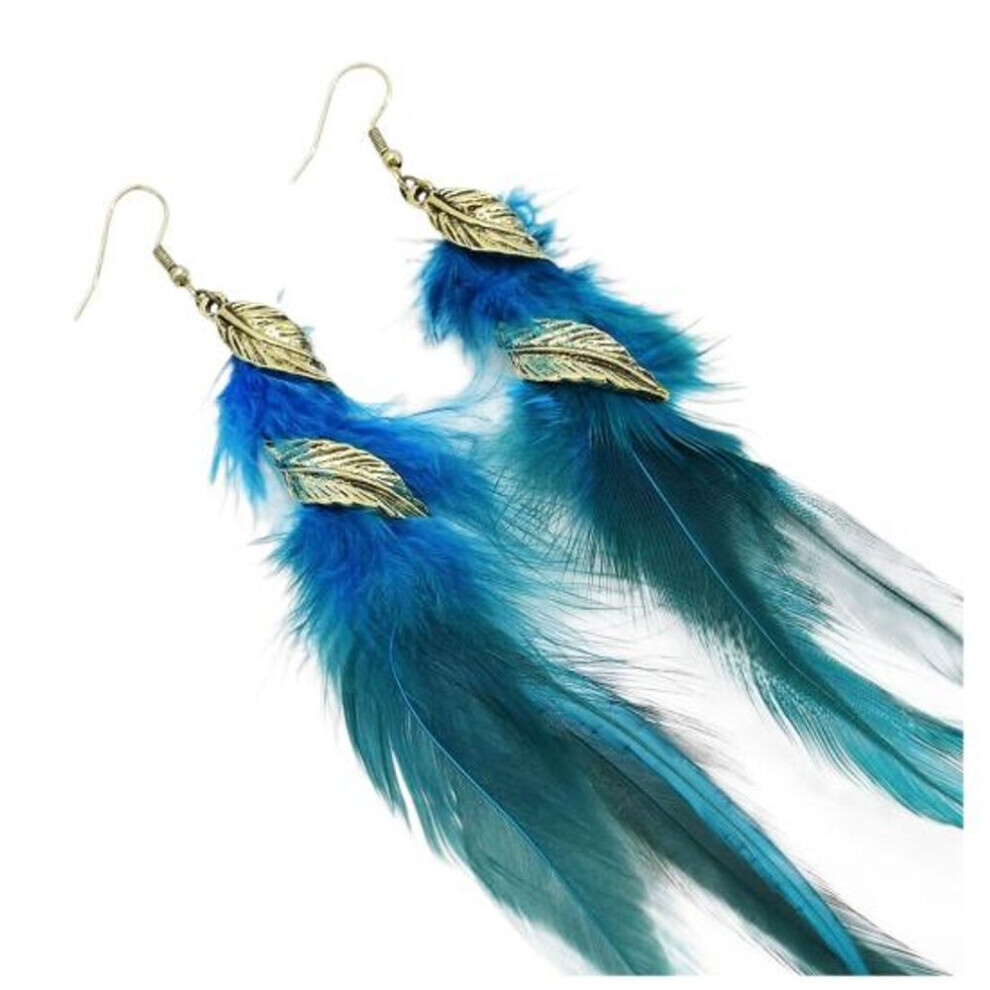 Maxpower (Lake Blue) 1 Pair Hook Earrings Retro Leaf Long Tasseled Bohemian Hypoallergenic Elegant Feather Drop
