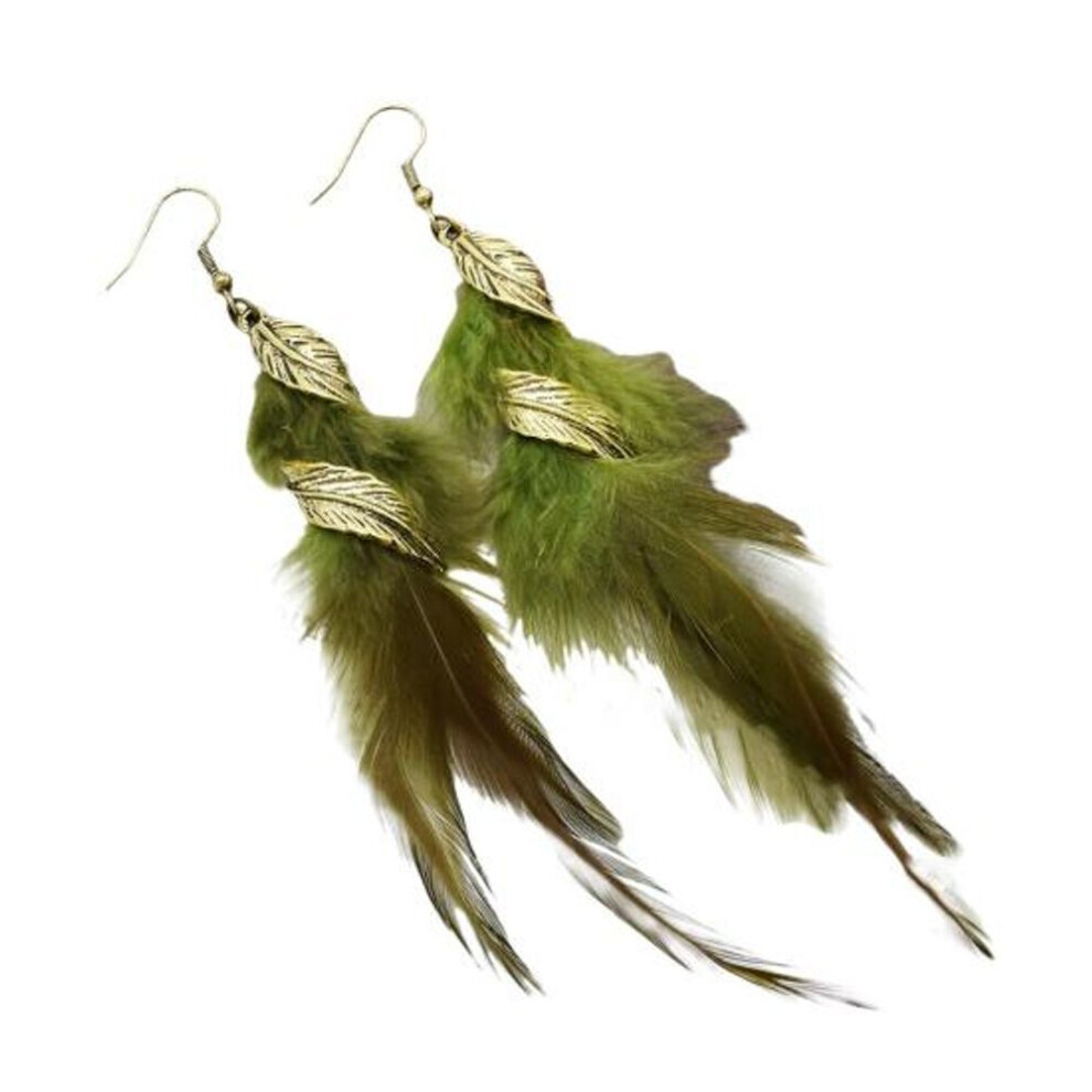 Maxpower (Green) 1 Pair Hook Earrings Retro Leaf Long Tasseled Bohemian Hypoallergenic Elegant Feather Drop