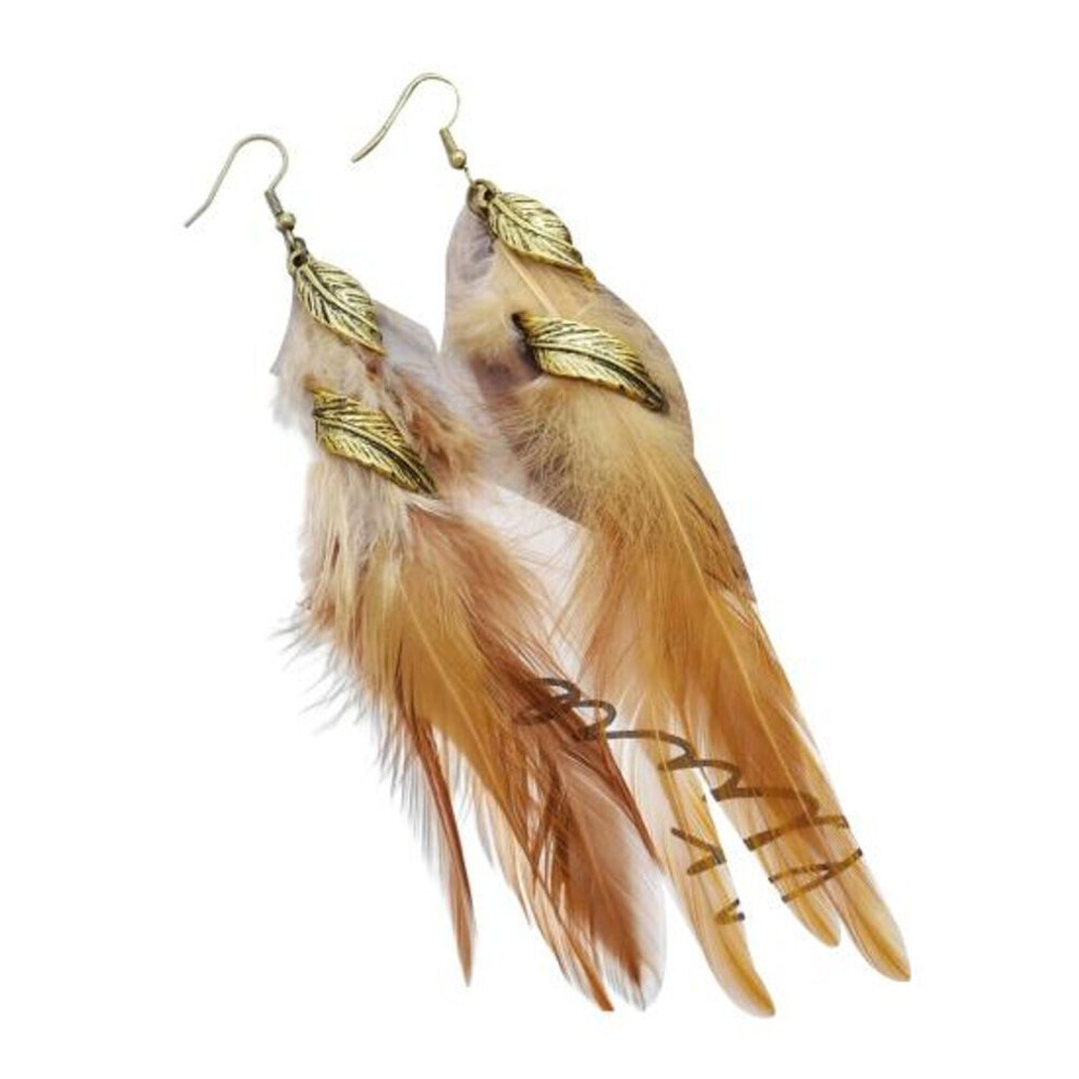 Maxpower (Tan) 1 Pair Hook Earrings Retro Leaf Long Tasseled Bohemian Hypoallergenic Elegant Feather Drop