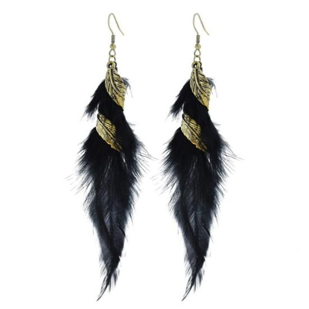 Maxpower (Black) 1 Pair Hook Earrings Retro Leaf Long Tasseled Bohemian Hypoallergenic Elegant Feather Drop