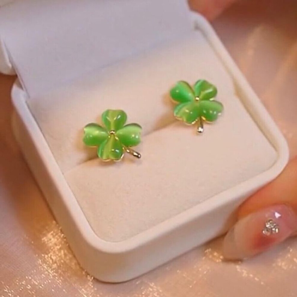 (green) Lucky Cat&apos;s Eye Stone Four Leaf Clover Earrings For Women Green Delicate Stud Earring Elegant Jewelry Banquet Gift For Mom