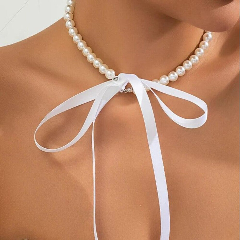Maxpower (White) Trend Wedding Party Jewelry Long Black Ribbon Choker Necklace For Women Elegant White Imitation Pearl Beach Vacation Necklaces White,Black