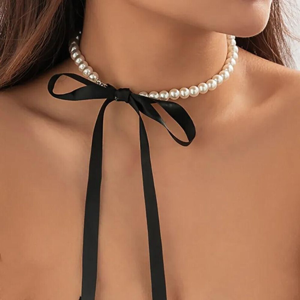 (black) Trend Wedding Party Jewelry Long Black Ribbon Choker Necklace For Women Elegant White Imitation Pearl Beach Vacation Necklaces