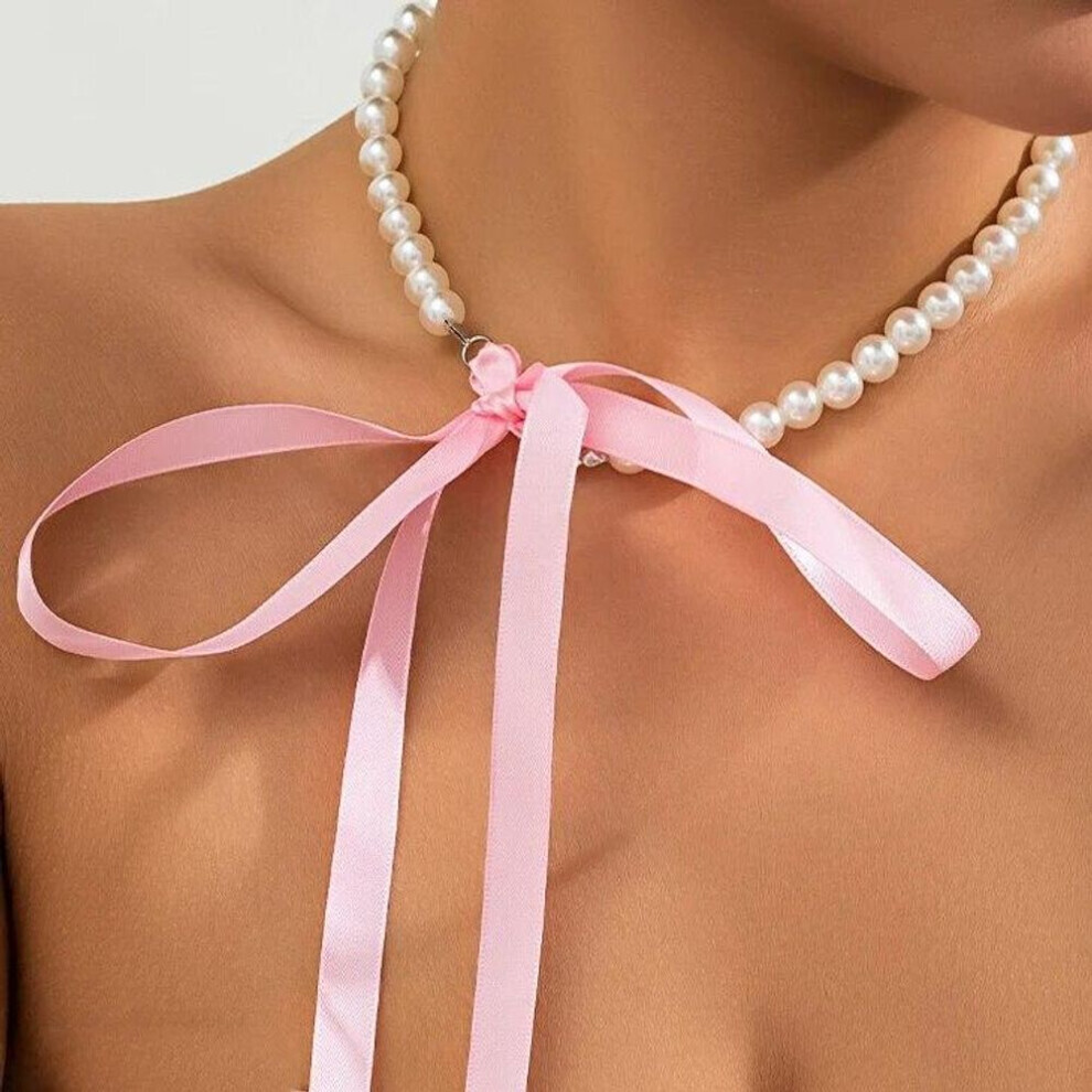 (pink) Trend Wedding Party Jewelry Long Black Ribbon Choker Necklace For Women Elegant White Imitation Pearl Beach Vacation Necklaces