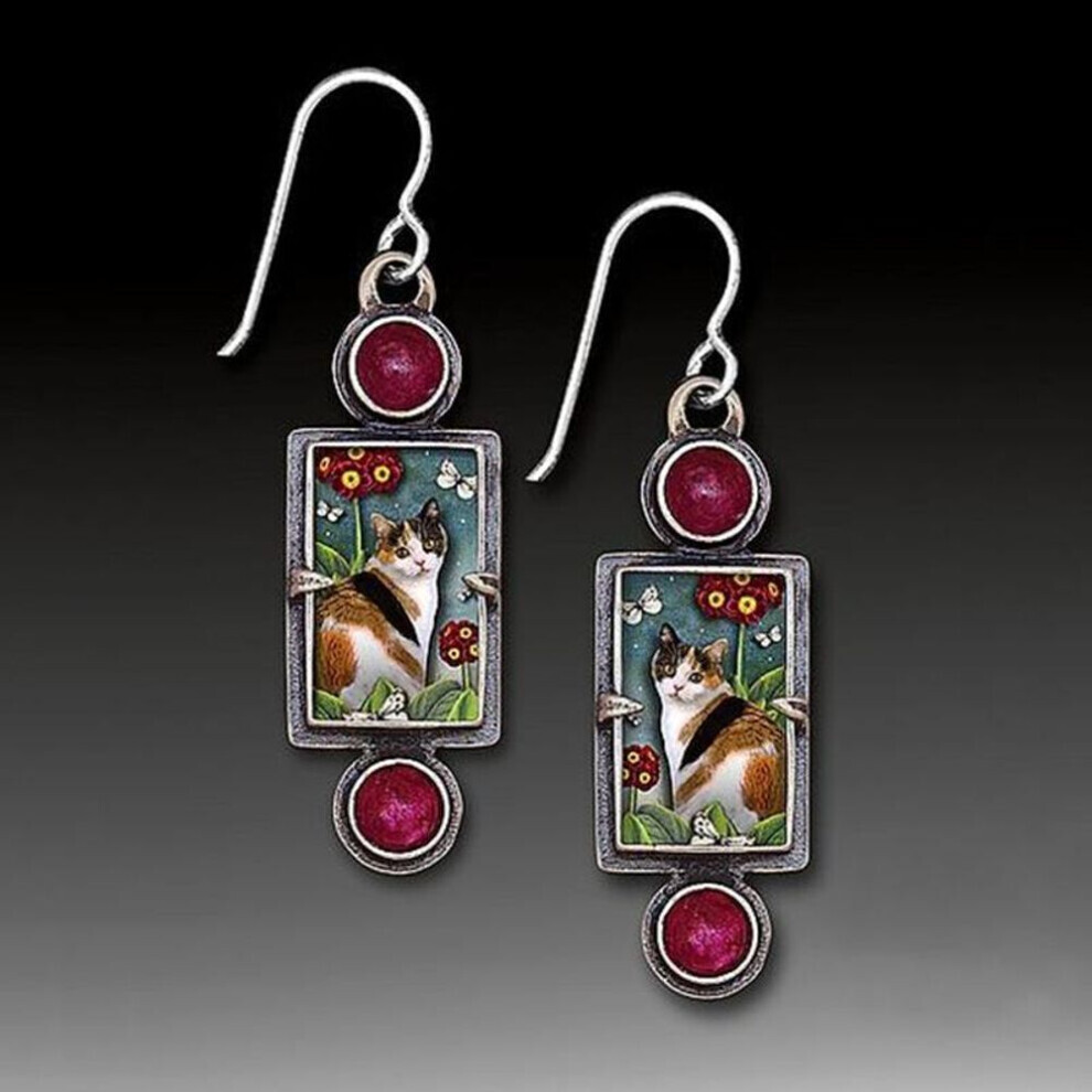 Maxpower (As The Picture) Cat Pattern Geometric Earrings Retro Rectangular Metal Inlaid With Gems Handmade Earrings Red
