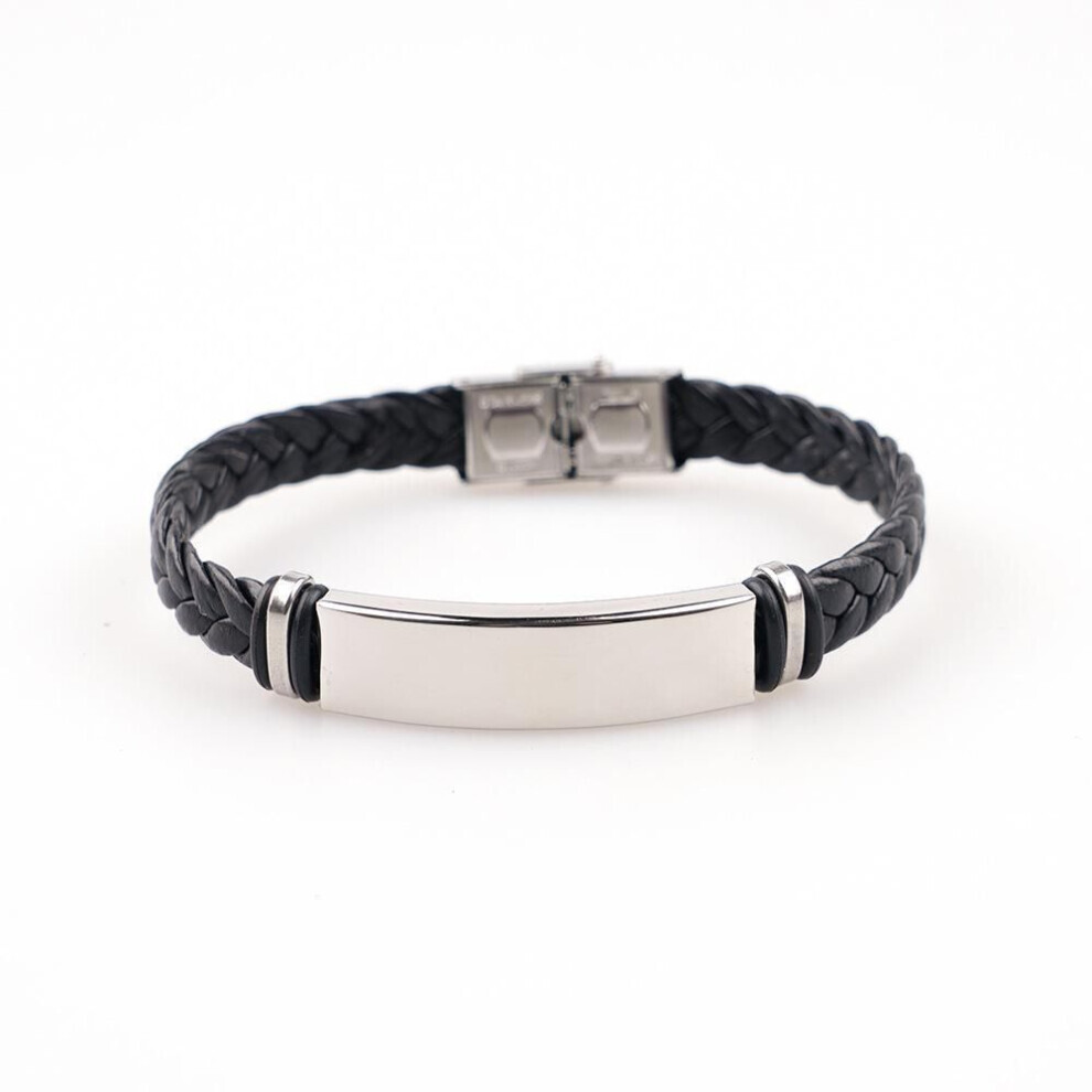 (black) Stainless Steel & Braided Leather Men&apos;s Punk Bracelet