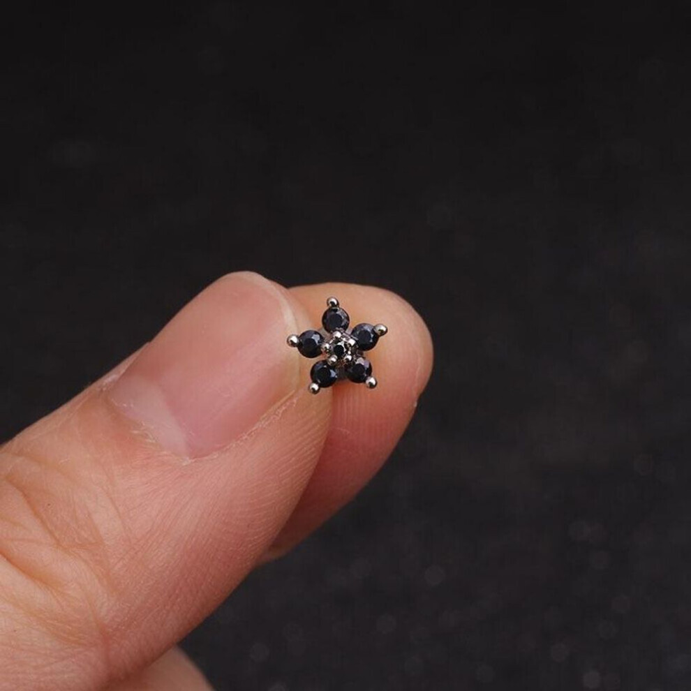 (black) 1 Piece Stainless Steel Crystal Stud Earrings For Women Helix Flowers Ear Bone Stud