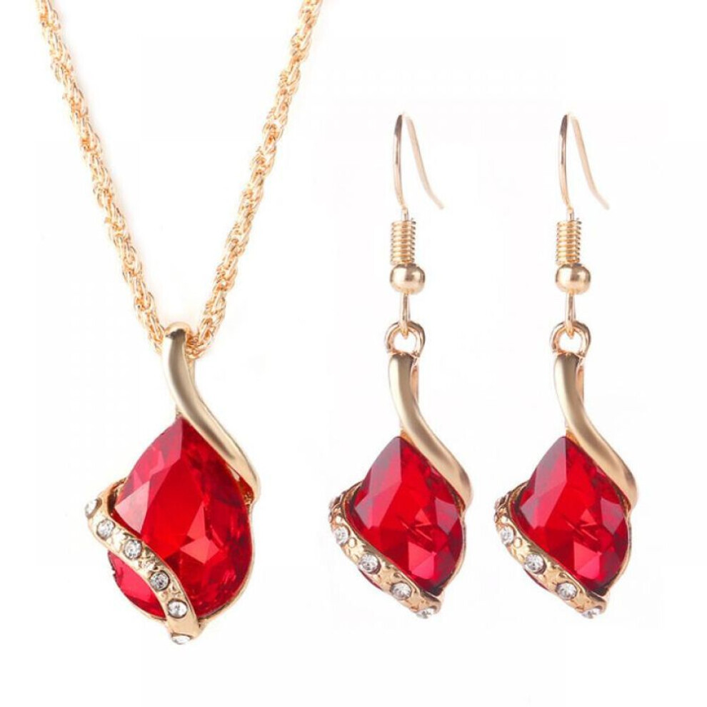 (red) Chic Style Ladies Rhinestone Choker Chain Necklace Drop Earrings Jewelry Set