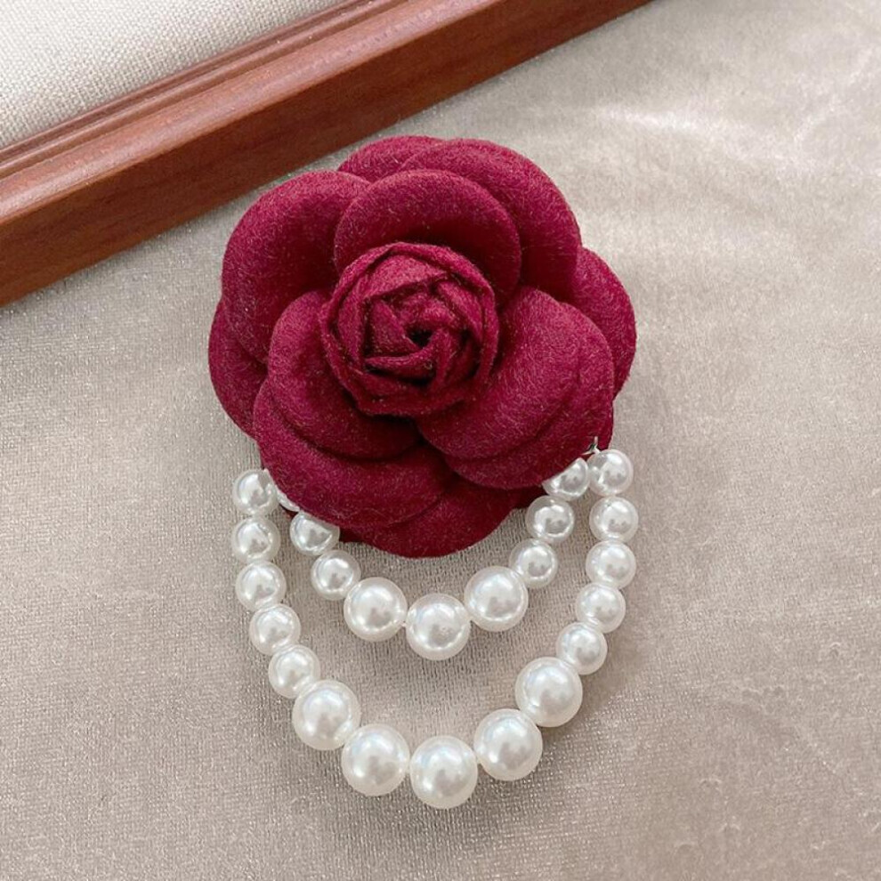 Maxpower (Burgundy) 1Pc Jewelry Gift Brooch Pin Pearl Tassel Vintage Camellia Flower Fabric Corsage Women's White,Red