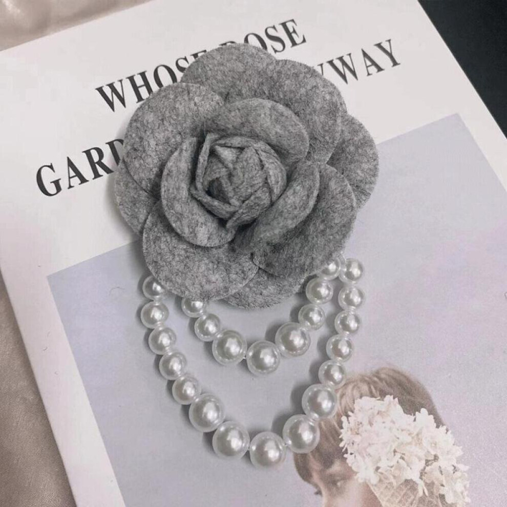 Maxpower (Gray) 1Pc Jewelry Gift Brooch Pin Pearl Tassel Vintage Camellia Flower Fabric Corsage Women's White