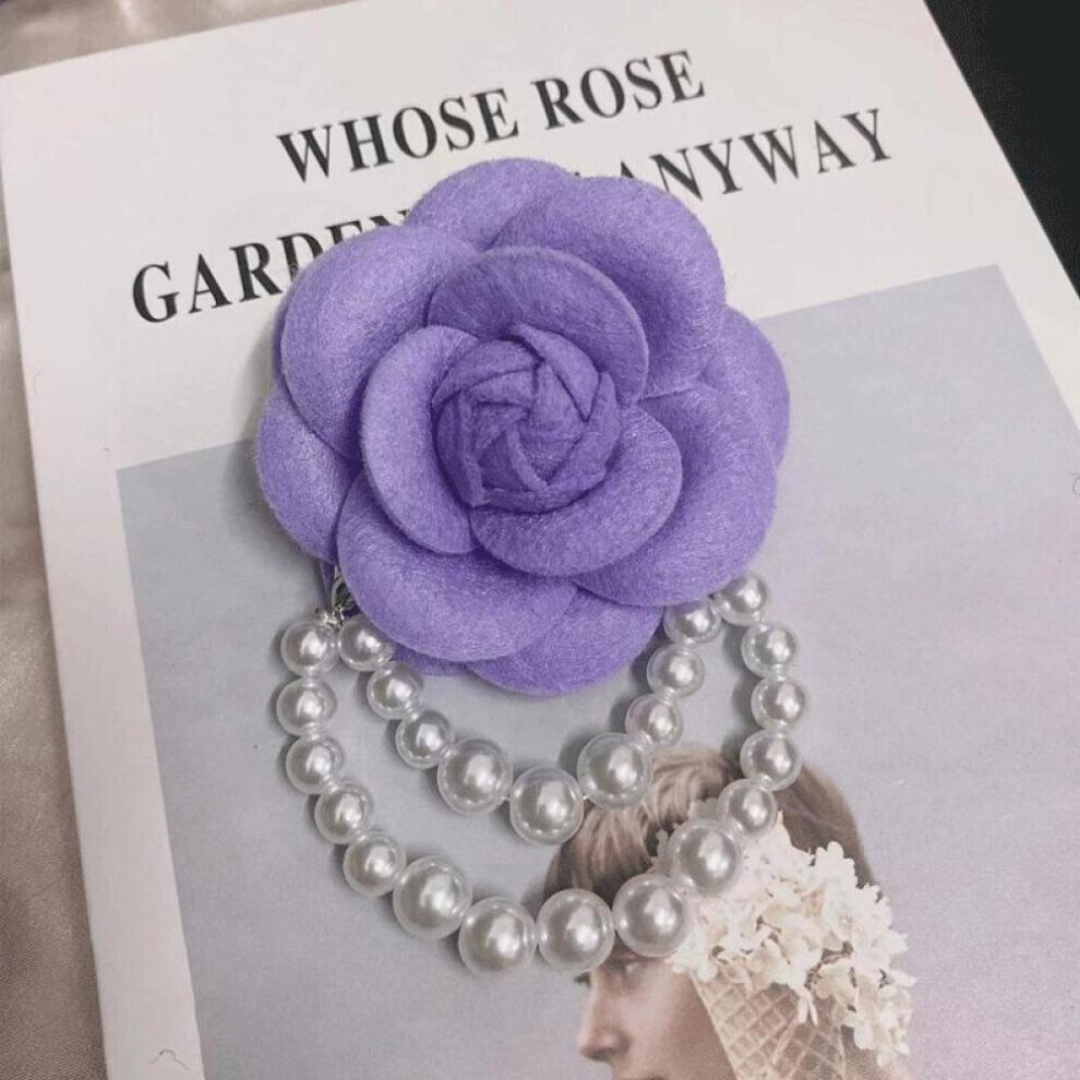 (purple) 1pc Jewelry Gift Brooch Pin Pearl Tassel Vintage Camellia Flower Fabric Corsage Women&apos;s
