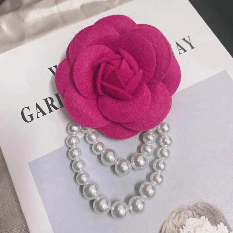 (rose red) 1pc Jewelry Gift Brooch Pin Pearl Tassel Vintage Camellia Flower Fabric Corsage Women&apos;s