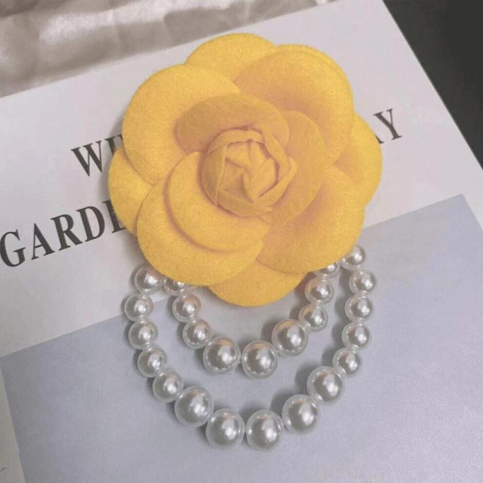 (yellow) 1pc Jewelry Gift Brooch Pin Pearl Tassel Vintage Camellia Flower Fabric Corsage Women&apos;s