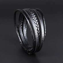 (black) Handsome Brown Men's Magnetic Leather Buckle Buckle Hand-woven Multi-layer Leather Bracelet
